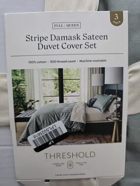 Threshold Sage Green Stripe Damask Sateen Duvet Cover Set Queen NEW